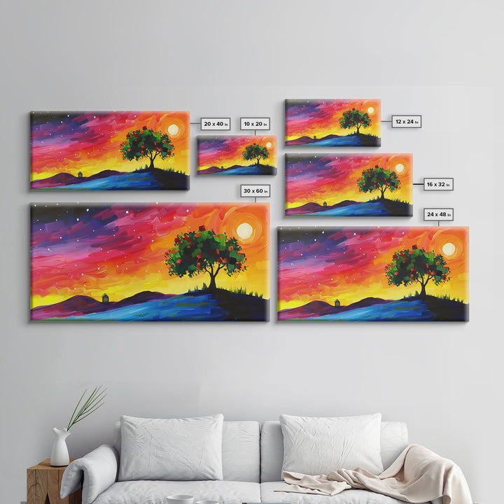 Vibrant Tree Under Starry Sky, Framed Canvas Print, Perfect for Living Room Art, Modern Home Decor, Colorful Bedroom Wall Art