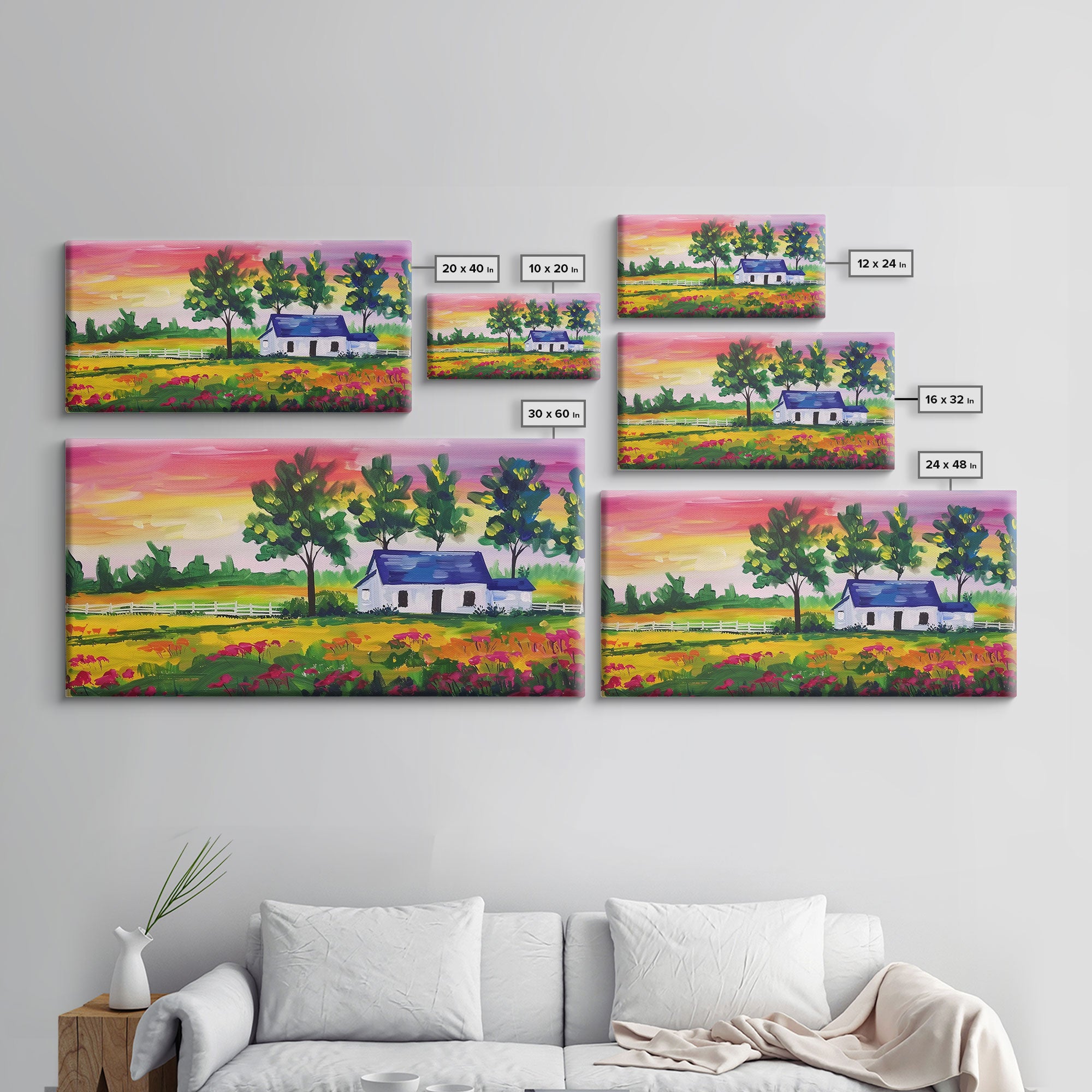 Vibrant Farmhouse Scene with Trees and Flowers, Perfect Living Room Art, Framed Canvas Print, Rustic Home Decoration, Minimalist Decor