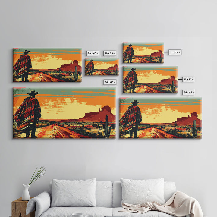 Abstract Cowboy in Desert Sunset Scene, Boho Bedroom Art, Framed Canvas Print, Modern Living Room Decoration, Rustic Wall Art