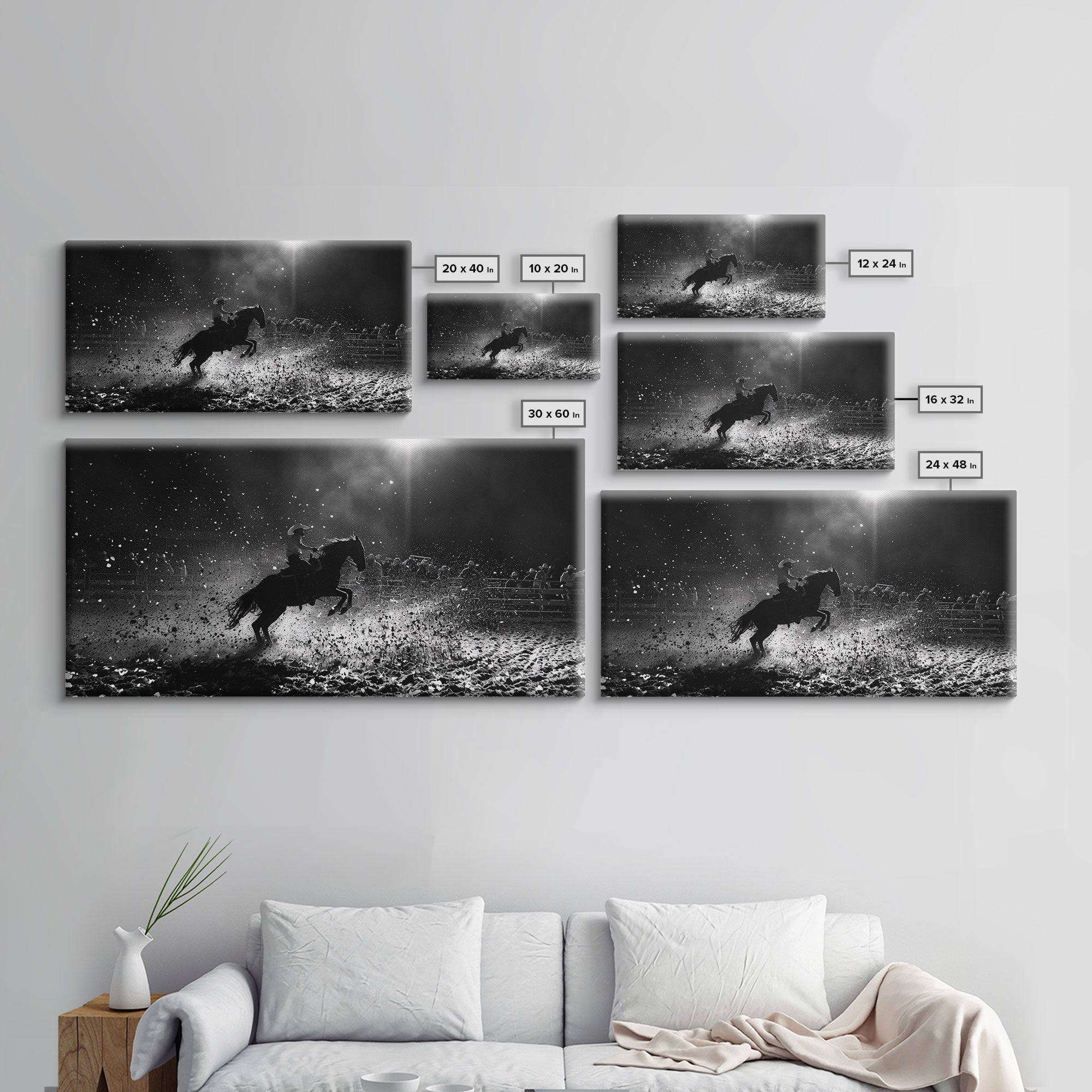 Action-Packed Rodeo Night Scene with Cowboy and Horse, Ideal for Framed Canvas Print, Living Room Wall Art, Perfect Bedroom Decor