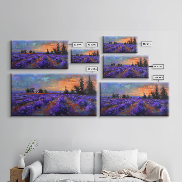 Sunset Over Lavender Field, Romantic Landscape Art, Framed Canvas Print, Cottagecore Decor, Purple Wall Art, Farmhouse Style