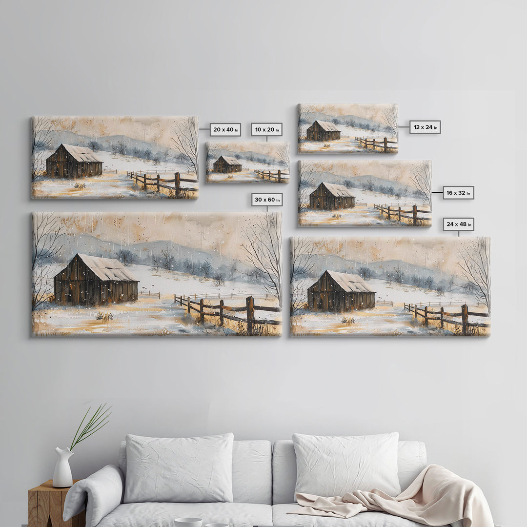 Snowy Barn in Winter Field, Framed Canvas Print, Rustic Wall Art, Living Room Decor, Farmhouse Style, Winter Landscape