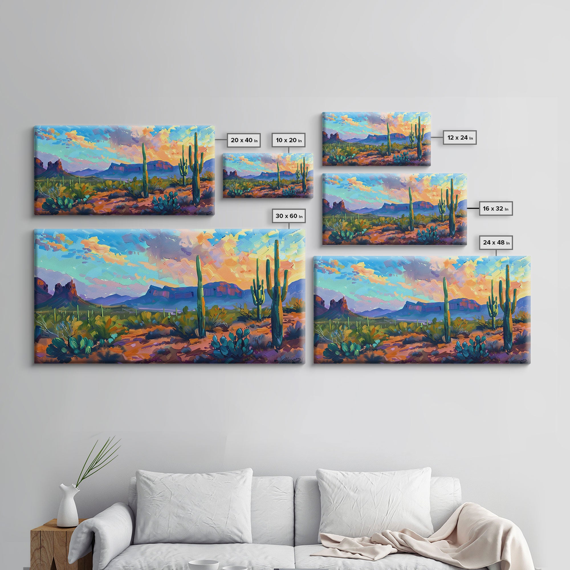 Desert Sunset with Cacti and Mountains, Abstract Southwestern Art, Framed Canvas Print, Rustic Boho Wall Decor, Living Room Art