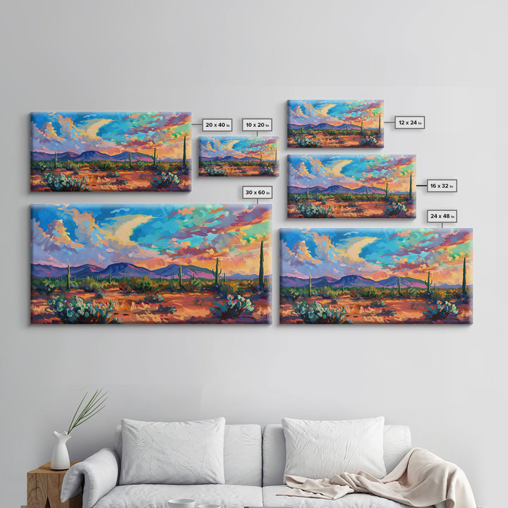 Vibrant Desert Sunset Landscape with Cacti, Framed Canvas Print for Living Room Art, Perfect for Boho and Southwestern Decor