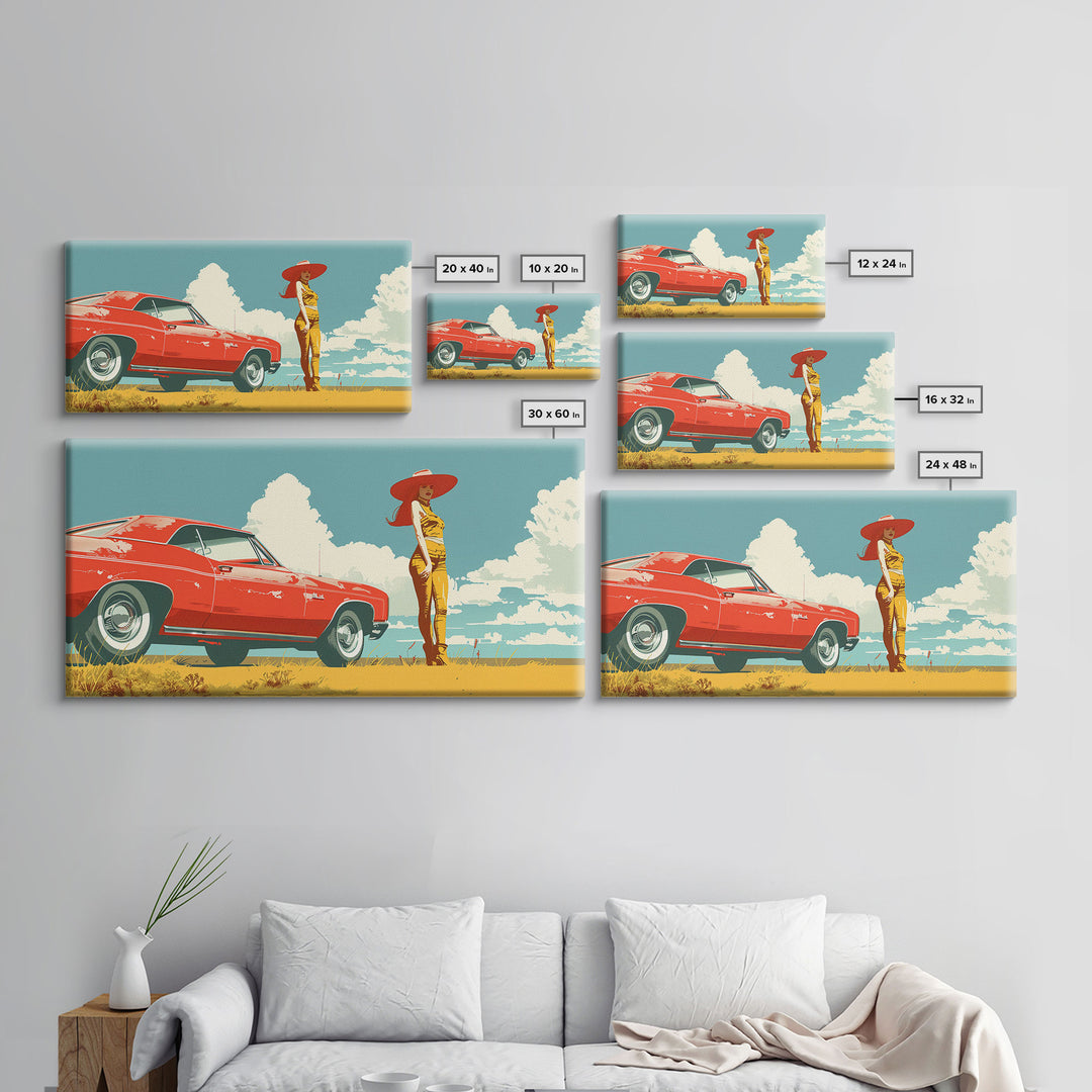 Vintage Cowgirl and Classic Red Car in Pop Art Style, Framed Canvas Print for Bedroom Decor, Perfect Living Room Wall Art