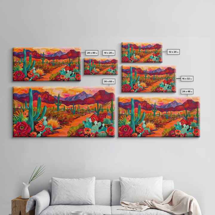 Vibrant desert scene with cacti and blooming flowers, Framed Canvas Print for boho living room, southwestern home decor art