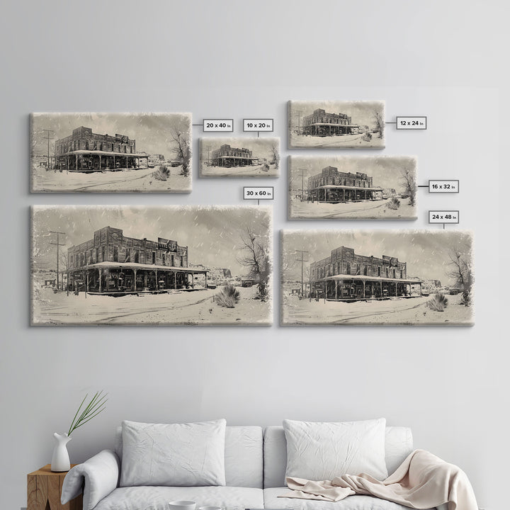 Snowy Western Town with Vintage Charm, Framed Canvas Print for Rustic Living Room Decor, Perfect Bedroom Wall Art, Winter Scene