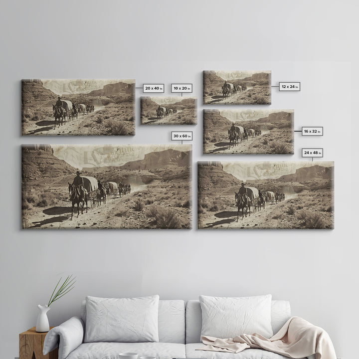 Western Wagon Trail through Desert Canyon, Framed Canvas Print for Farmhouse Living Room Wall Art, Vintage Home Decor, Rustic Scene