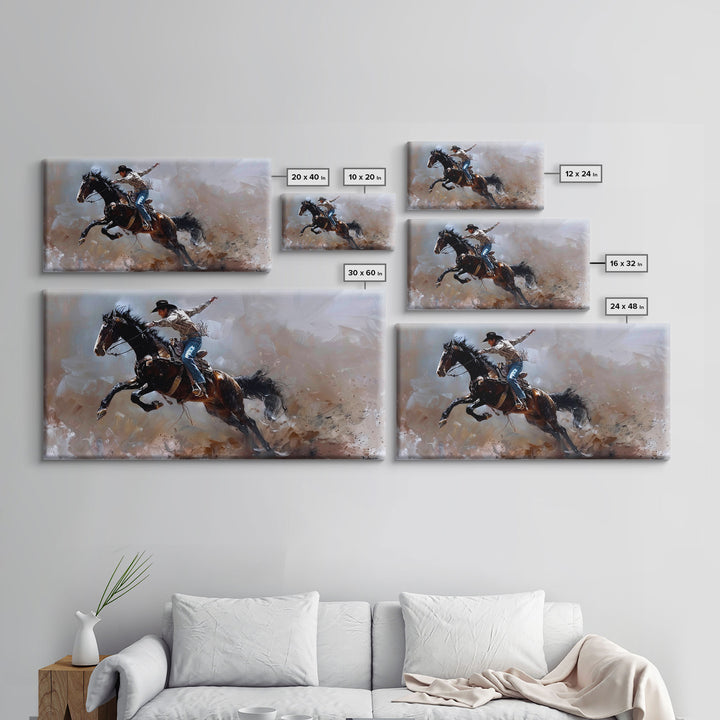 Action-Packed Rodeo Scene with Bucking Horse, Beautiful Framed Canvas Print, Western Living Room Art, Rustic Bedroom Decor, Wall Art