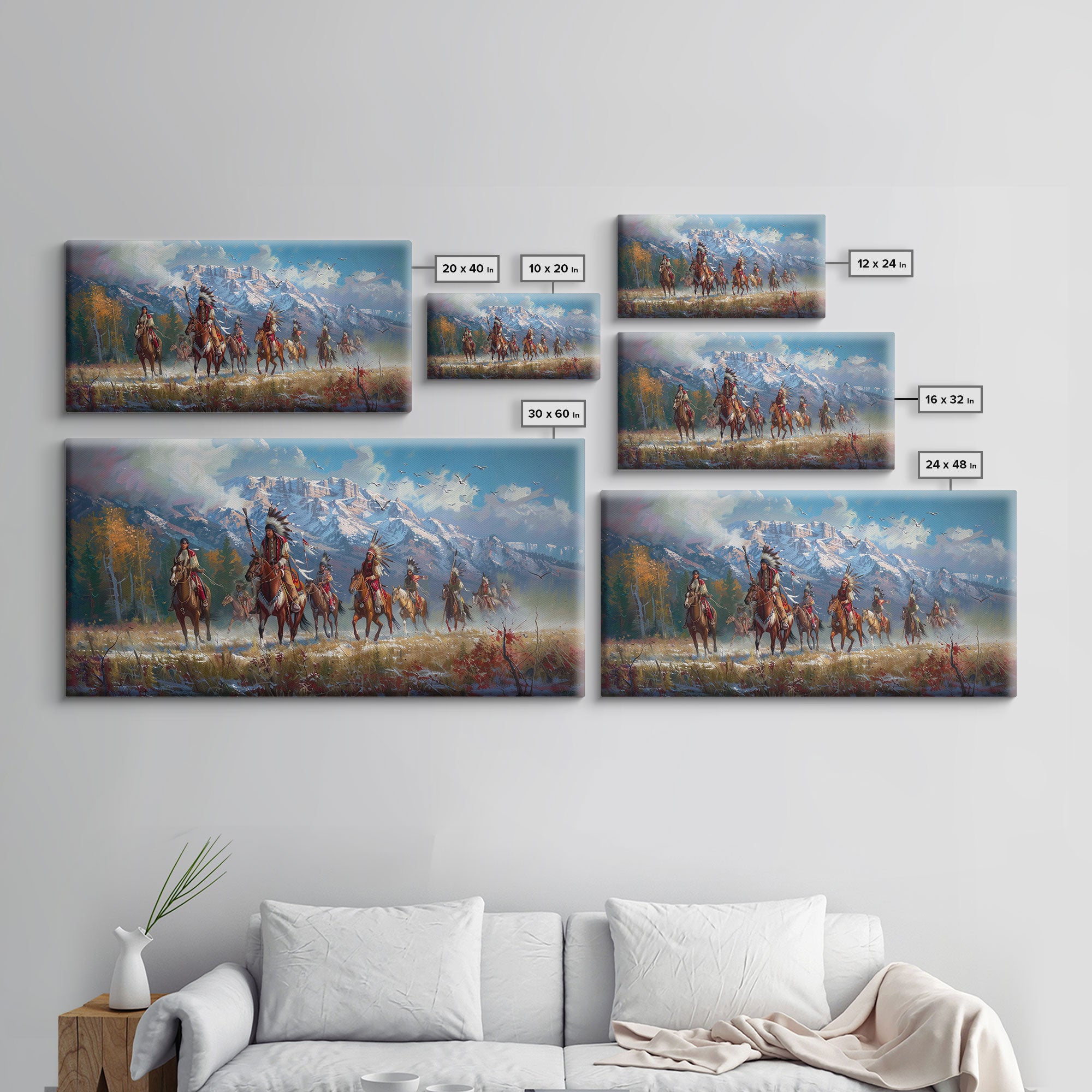 Native American Warriors Riding Through Snow-Capped Mountains, Ideal Wall Art, Framed Canvas Print Living Room Bedroom Decor, Historical Art