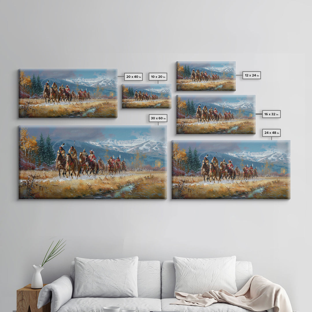 Tribal Warriors Journeying Through Snowy Landscape, Perfect Wall Art, Framed Canvas Print for Living Room or Bedroom Decor, Historical Art