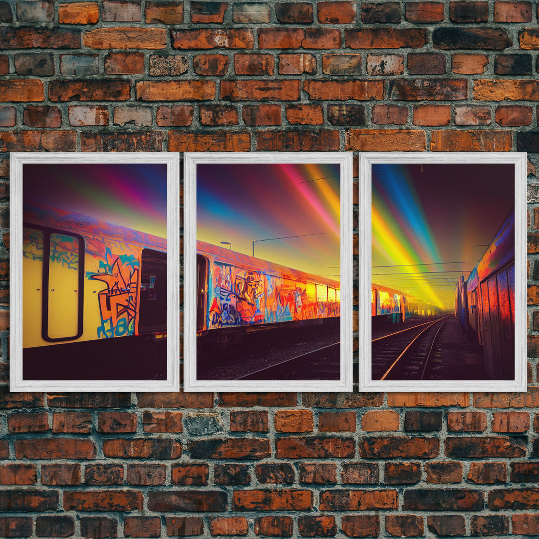 Urban graffiti, graffiti covered train cars, urban art, 3 piece canvas, 3 piece wall art, synthwave dystopian art