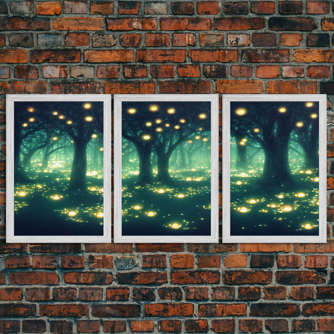 Fantasy forest wall decor, ready to hang 3 piece canvas print, 3 piece wall art, firefly wall art, Fireflies In A Fairy Forest at Night