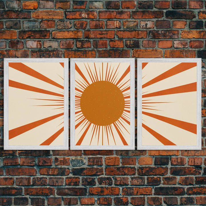 Sun Print Set Of 3, Framed Canvas Prints, Boho Minimalist Midcentury Modern Wall Art, Geometric Sun Print, Nursery Boho Style Decor