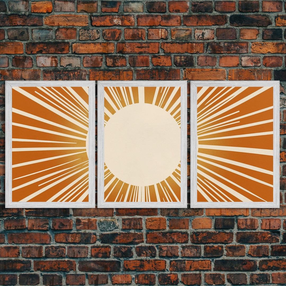 Sun Print Set Of 3, Framed Canvas Prints, Boho Minimalist Midcentury Modern Wall Art, Geometric Sun Print, Nursery Boho Style Decor Triptych