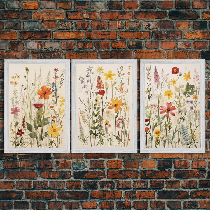 Framed Canvas Wall Art Set, 3 Piece Art, Watercolor Wildflowers Floral / Botanical Print, Minimalist Wall Art, Boho Decor, Colorful Art