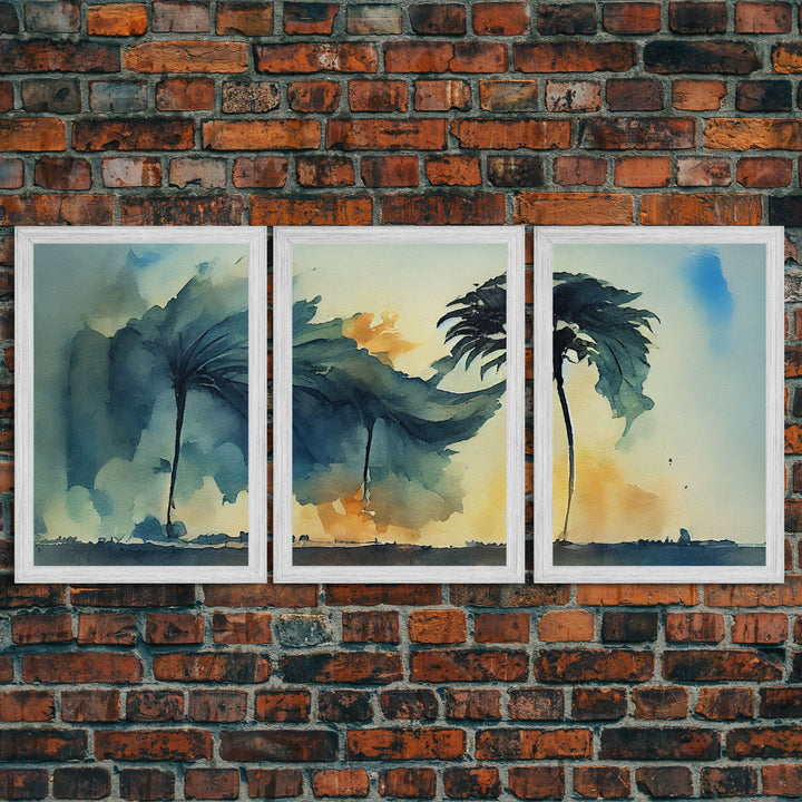 Watercolor of a palm tree blowing in a hurricane, storm art, 3 piece canvas print, 3 piece wall art