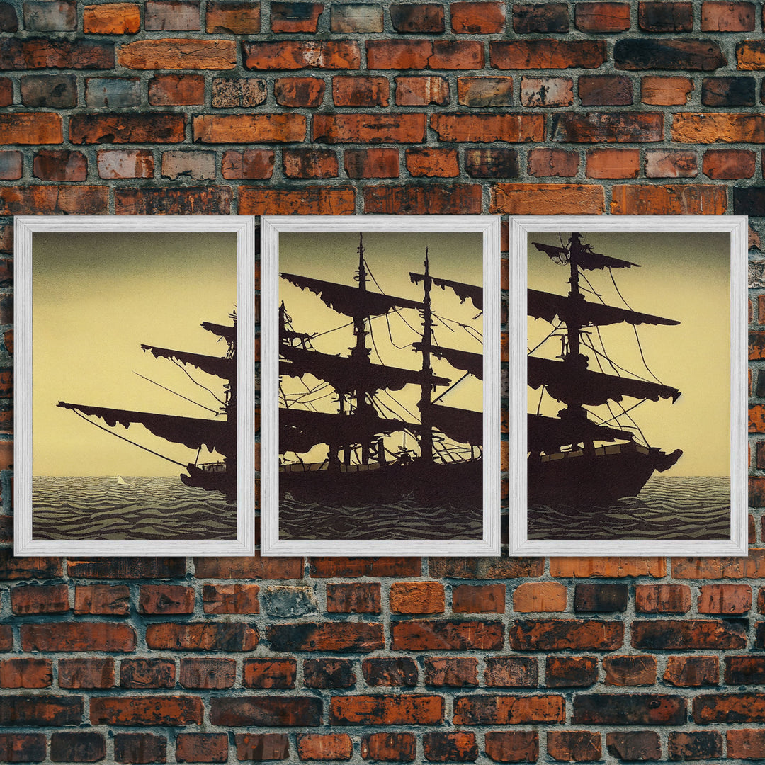 Haunted ghost pirate ship aloft in the sea, 3 piece canvas, 3 piece wall art, living room above sofa art