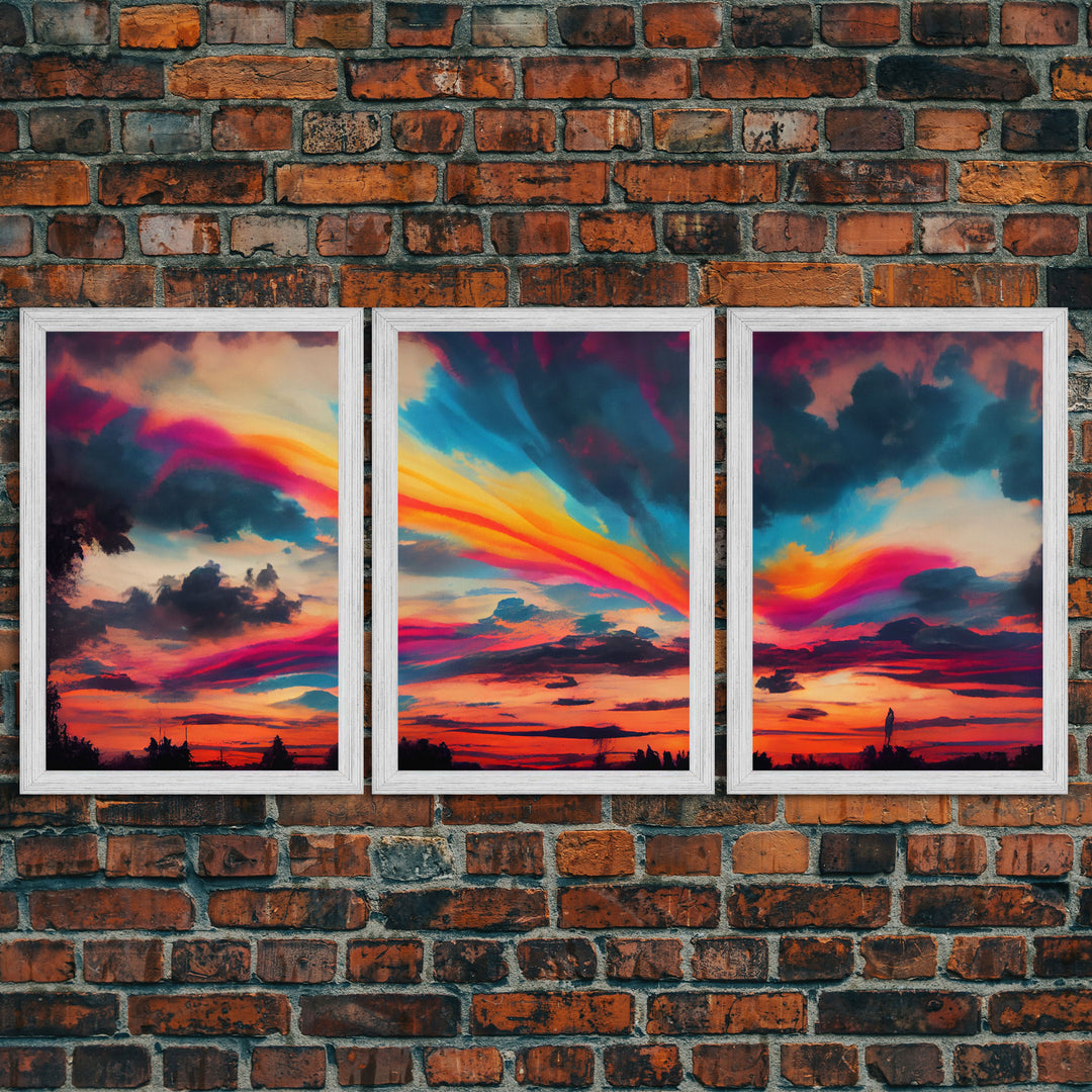 Psychedelic sunset, beautiful colorful wall art, 3 piece canvas print, three piece wall art, living room above the couch art, sun rise art