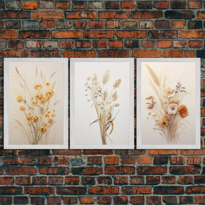 Rustic Framed Canvas Wall Art Set of 3, Modern Farmhouse Decor, Botanical Prints, Neutral Colors, Minimalist Art, Boho Farmhouse Decor