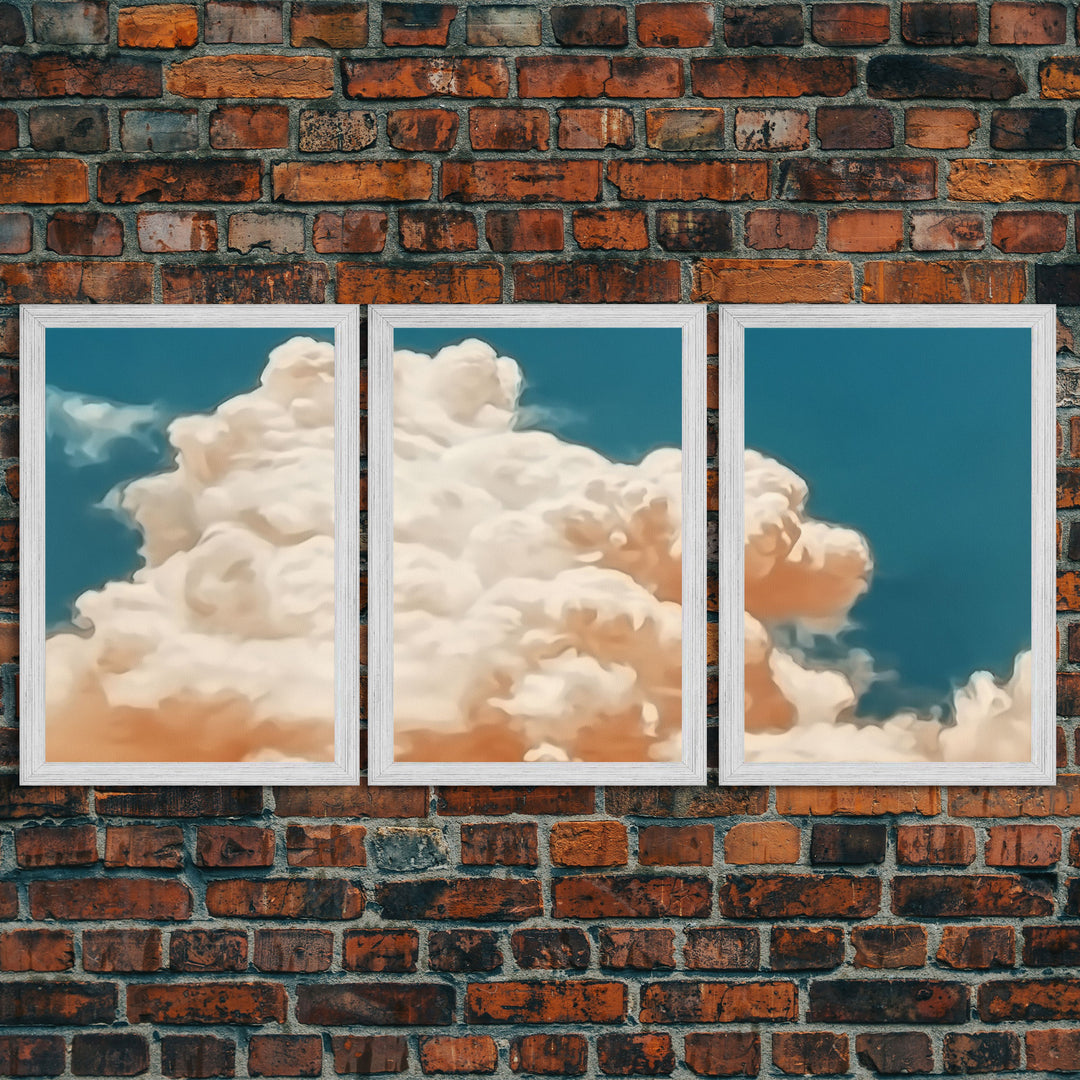 Clouds On Canvas, Framed Wall Art Set of 3 Pastel Cloud Navy Blue Sky Nature Landscape Prints Minimalist Modern Art Nature Wall Decor