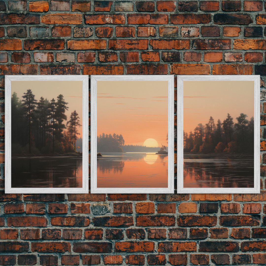 Sunset Over The Lake, Framed Canvas Print 3 Panel Set, Landscape Oil Painting, Original Art, Office Decor, Gift For Boss, Lake House Art