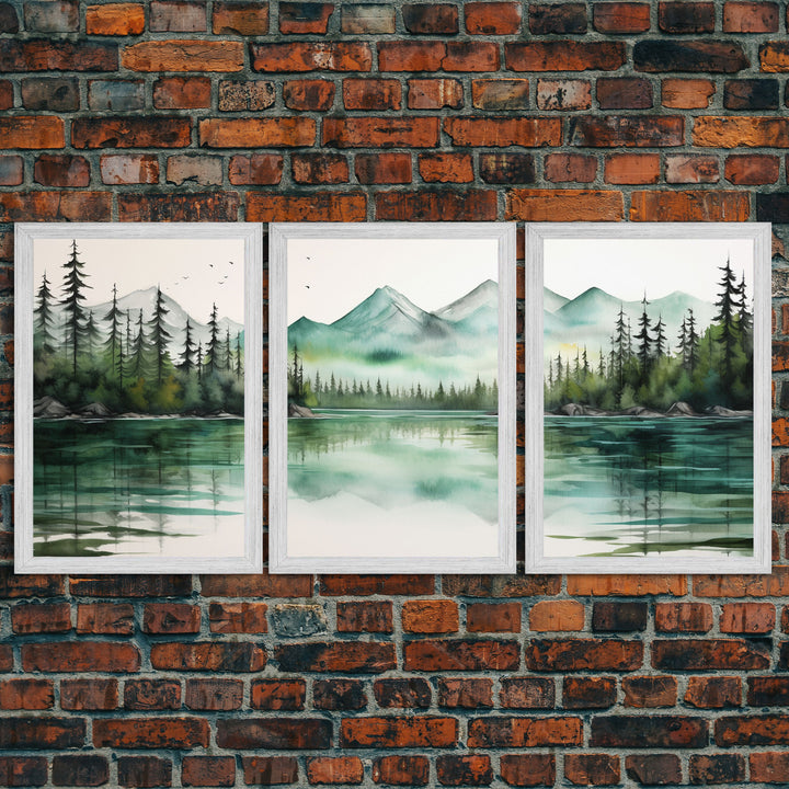 3 Panel Framed Canvas Print Wall Art Set of 3 Emerald Green Mountain Forest Lake Landscape Minimalist Modern Art Nature Wall Decor Pine Tree