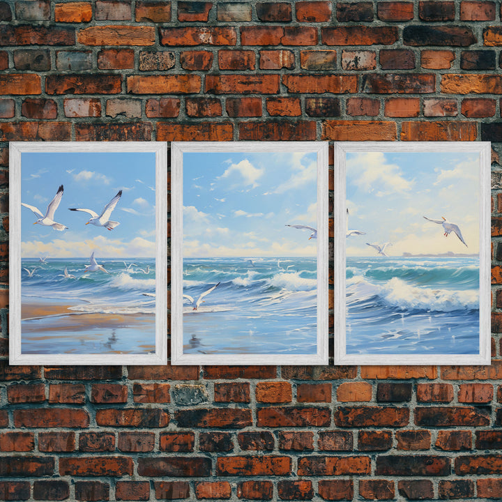 Beautiful Seagulls Over An Ocean Beach At Sunset 3 Piece Canvas Print Wall Art, Above Sofa Art, Modern Art, Minimalism Lakehouse Decor