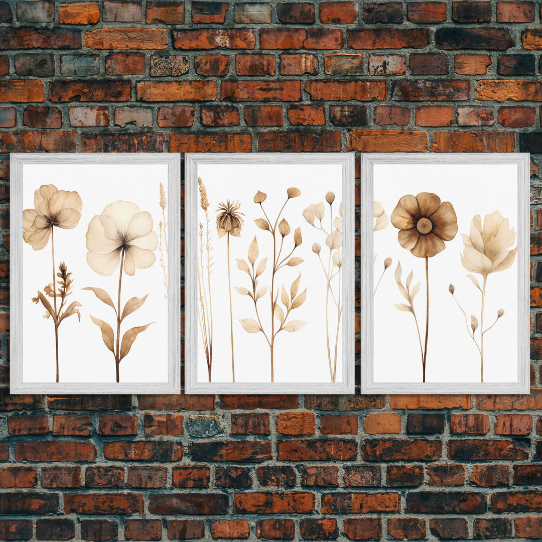 Boho Style Minimalist Farmhouse 3 Piece Wall Art, White Background Wildflowers, Botanical Floral Art, Rustic Chic Decor