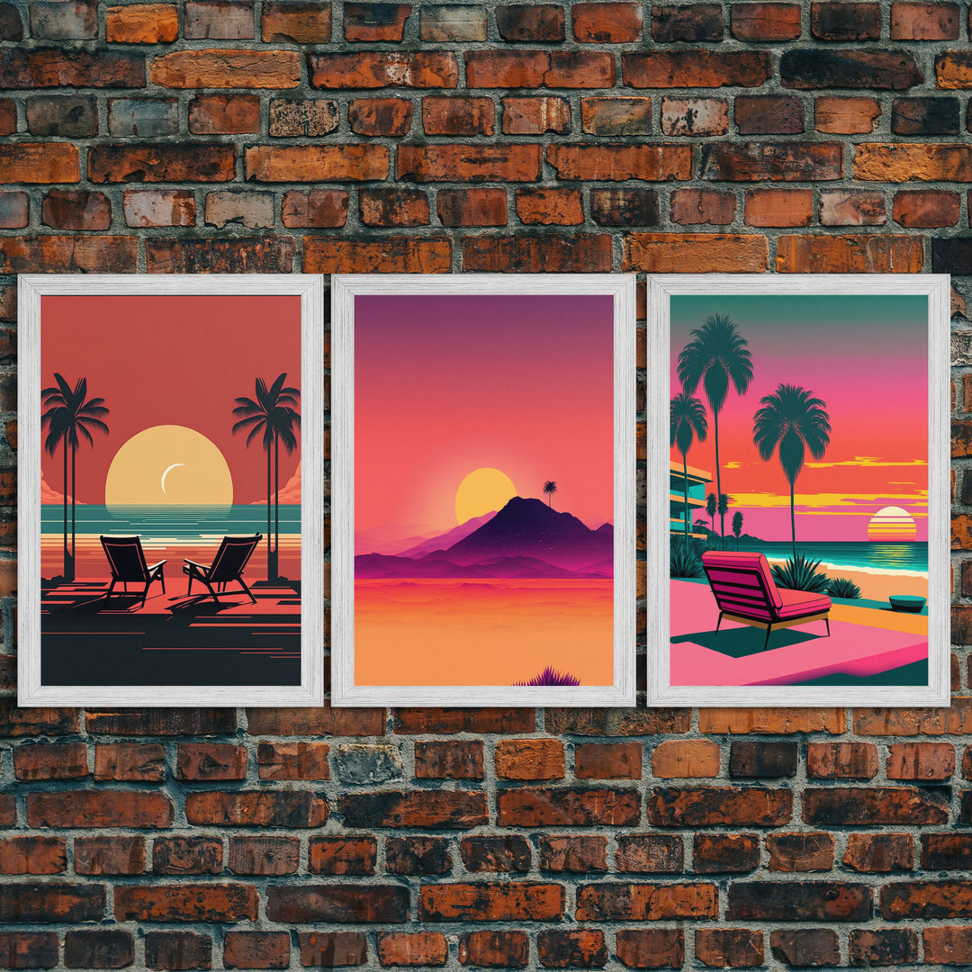 Outrun Style Midcentury Modern Wall Art, Framed Canvas Prints, Triptych Wall Art, 3 Panel Canvas Art, Retro Synthwave Beach Vibes Art