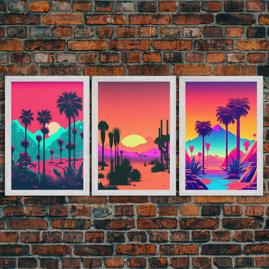 California Desert Art, Retro / Vaporwave / Synthwave 80s Vibes 3 Piece Canvas Prints, Game Room Art, Living Room / Bed Room Retro Decor