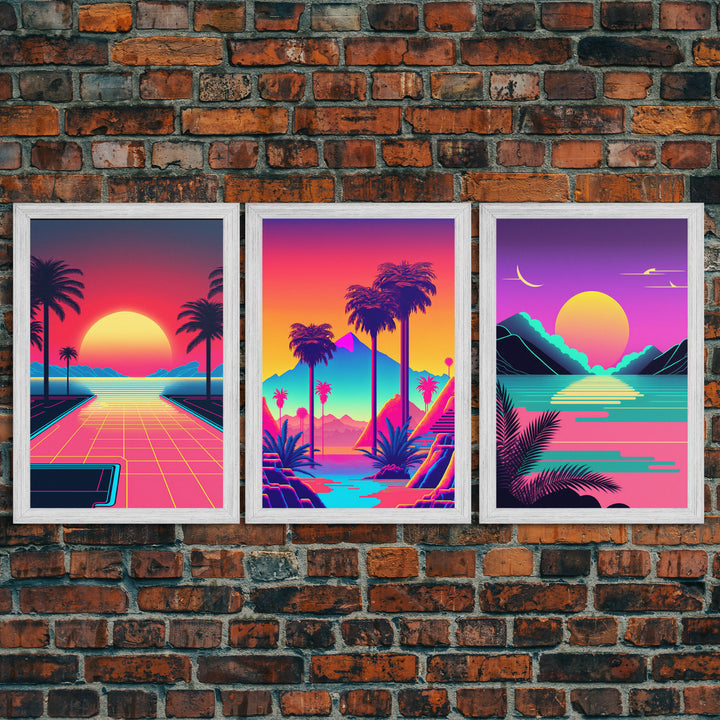 Retro 80s Style Art, 3 Panel Framed Canvas Prints, Canvas Wall Art, Synthwave / Vaporwave Aesthetic Retro Style Wall Art