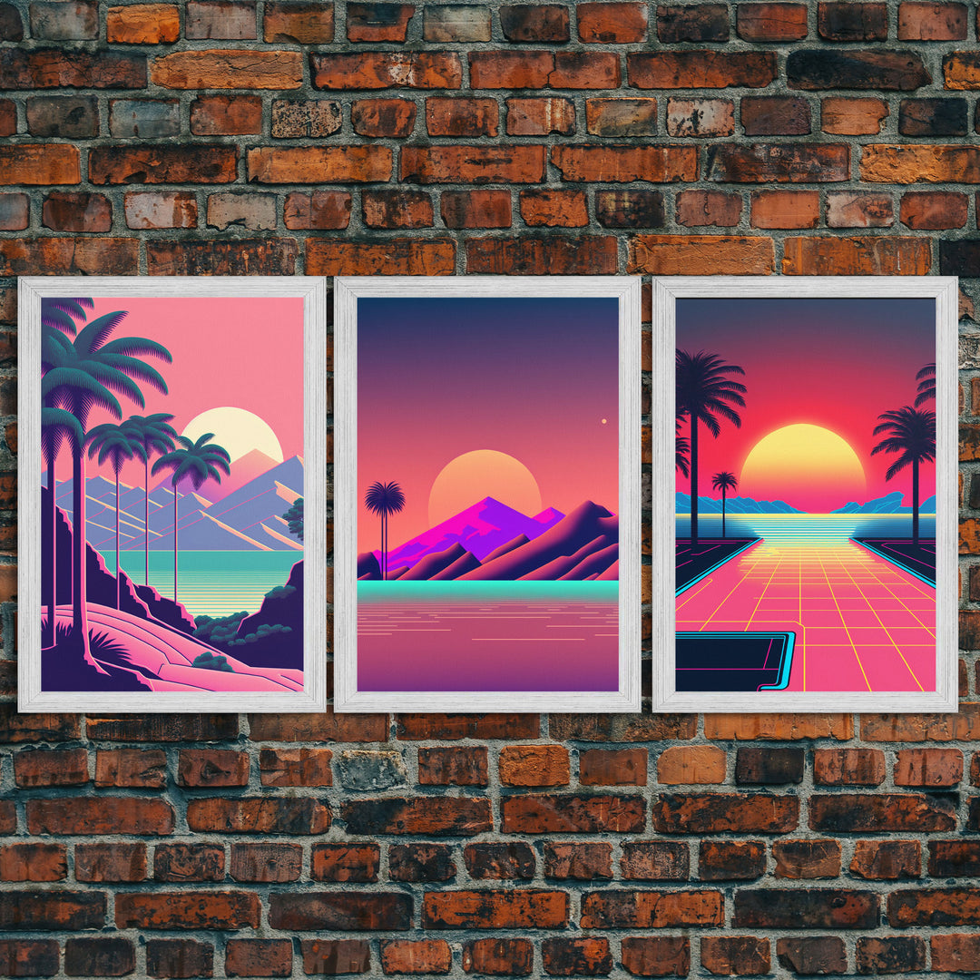 Retro 80s Style Art, 3 Panel Framed Canvas Prints, Canvas Wall Art, Synthwave / Vaporwave Aesthetic Retro Style Wall Art, Pink Wall Decor