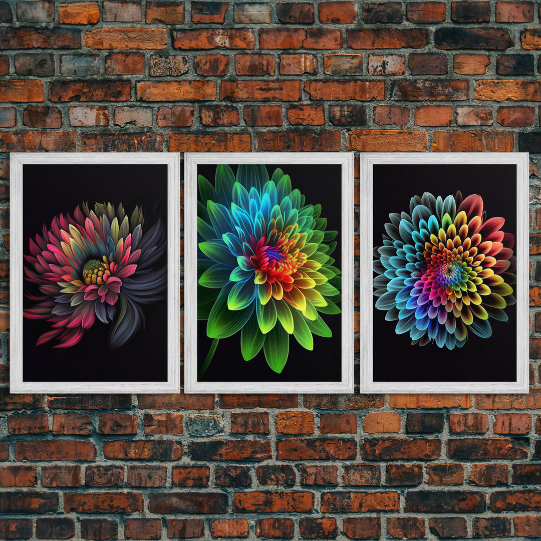 Triptych 3 Panel Wall Art - Framed Canvas Prints - Neon Flowers - Retro Style Flower Paintings - Boho Decor - Minimalist Wall Art - Modern