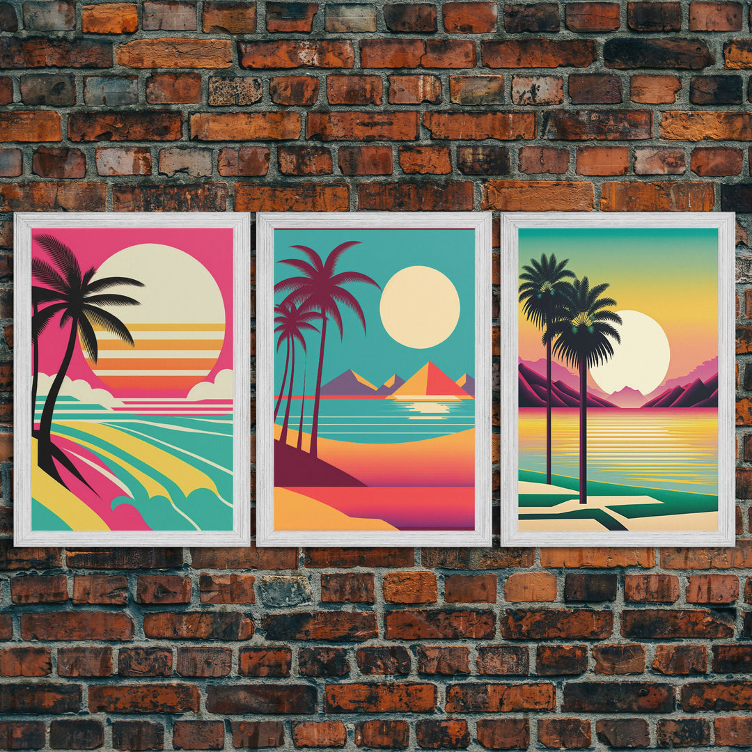 Beautiful Turquoise Retro Style Beach Art, Triptych 3 Panel Framed Canvas Prints, Palm Trees and Sunset, 80s Vibes Vaporwave Art Deco Mashup