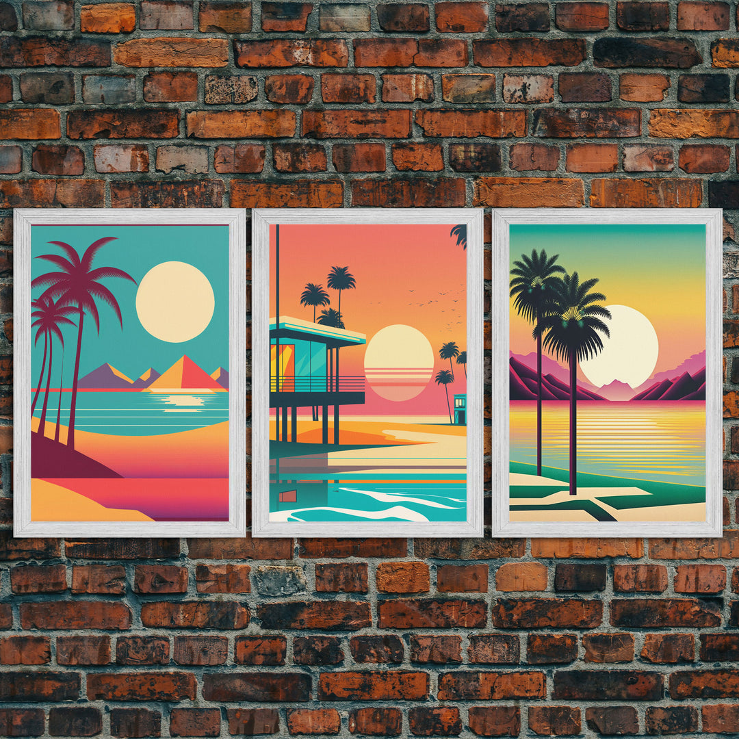 Beautiful Turquoise Retro Style Beach Art, Triptych 3 Panel Framed Canvas Prints, Palm Trees and Sunset, 80s Vibes Vaporwave Art Deco Mashup