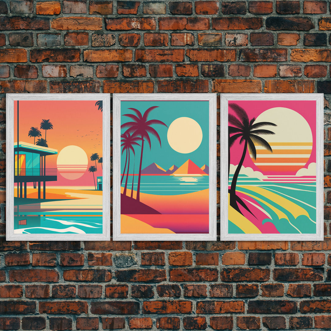 Midcentury / At Deco / Vaporwave mashup, Palm Trees & Beach Art, Framed Canvas Prints, 3 Panel Triptych Art, 80s Vibes