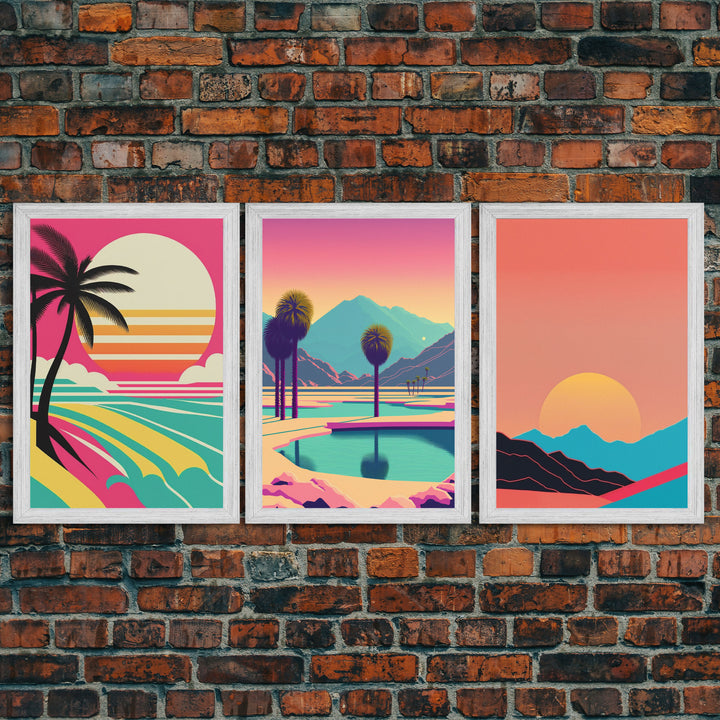 Beach Vibes - Midcentury / Art Deco / 80 Vibes Mash up - Framed Canvas Prints - Turquoise Sky and Palme Trees - 3 Panel Art, Triptych Prints