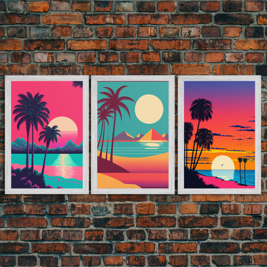 Retrowave Priint Set  - 3 Piece Wall Art - Triptych 3 Panel Art - Beach Wall Art - Framed Canvas Prints - Tropical Beach Decor