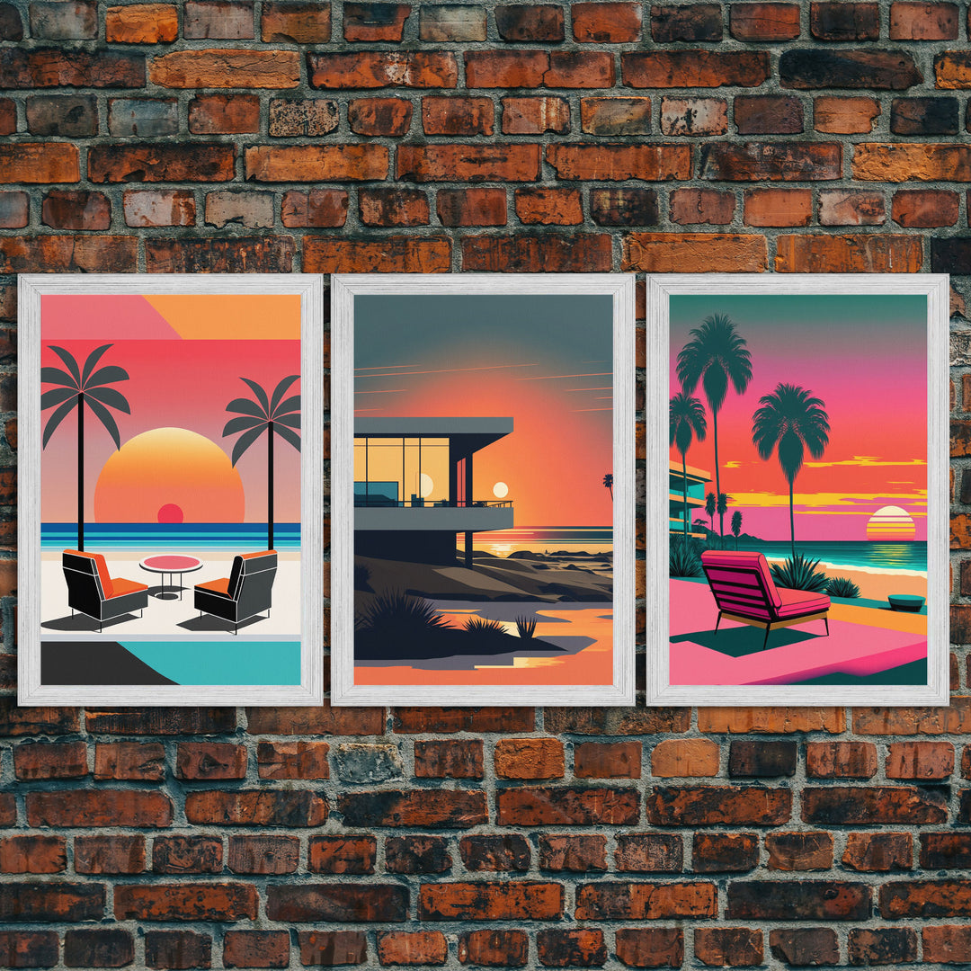 Vaporwave Aesthetic Wall Art Framed Canvas, Set of 3 Framed Canvas, Tropical Decor, Travel Posters, Original Art Framed Canvas