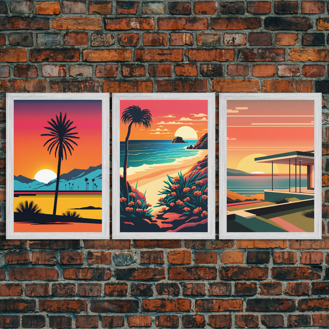 Desert Art, California Themed Wall Art, Framed Canvas Prints, 3 Piece Wall Art, 3 Panel Triptych Art, Retro Style, Orange Hues Art