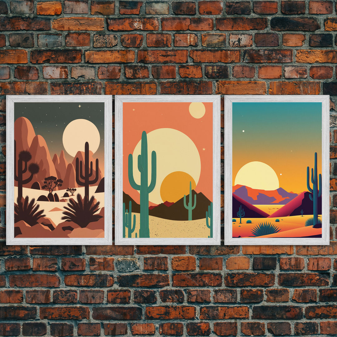 Arizona Desert Landscape, Framed Canvas Print Set, 3 Piece Wall Art, Brown Sepia Art, Mountains Wall Art, Office Wall Art