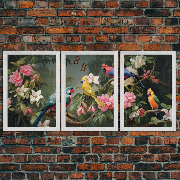 Flowers Wall Print, Tropical Wall Art, Macaw, Jungle Art Print, Canvas Print, Wall Art, 3 Piece Wall Art, Modern Office Art, Wedding Gift