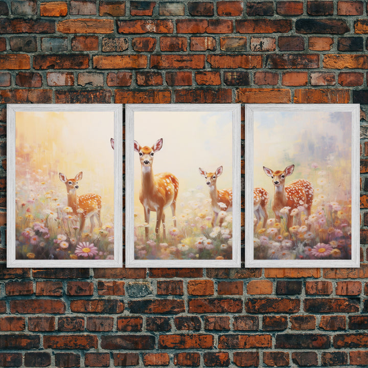 Deer Wall Art, Animal Art Print, Wildflower Meadow, Canvas Print, Wall Art, 3 Piece Wall Art, Country Home Decor, Boho Wall Art, Room Decor