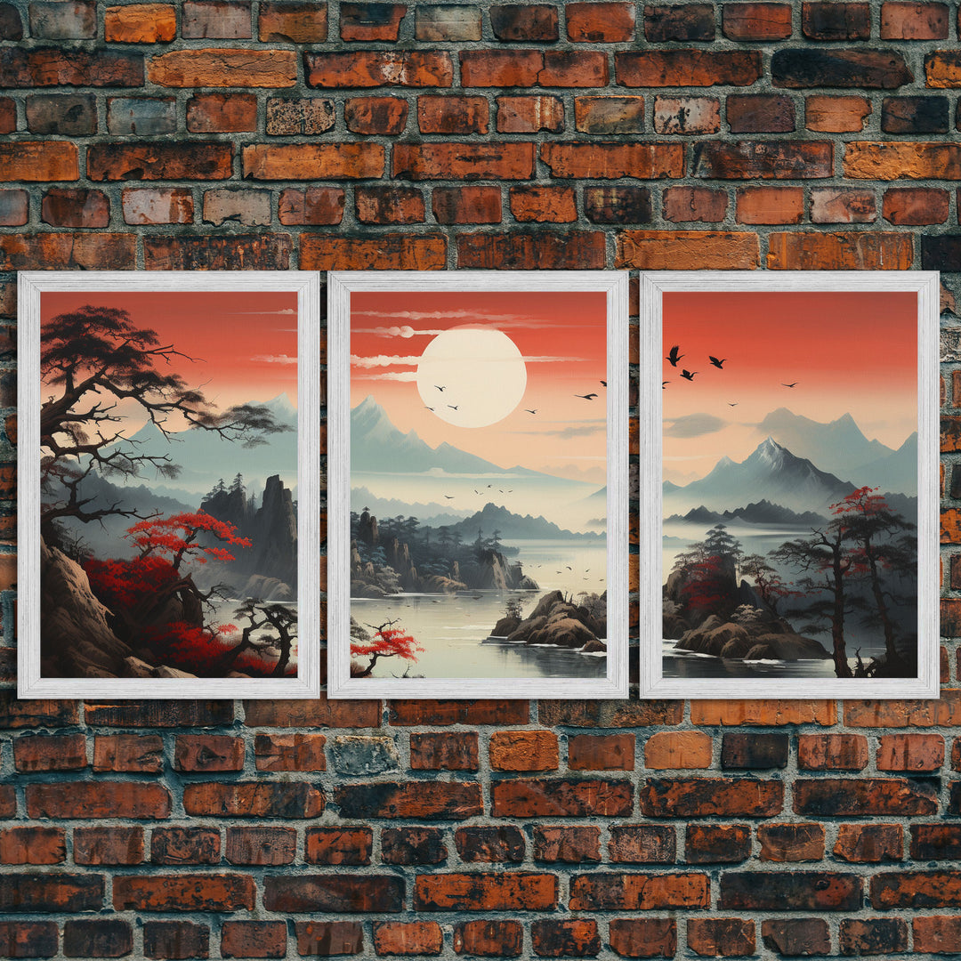 Japanese Wall Art, Mountains Print, Sunset Print, Canvas Print, Wall Art, 3 Piece Wall Art, Unique Wall Decor, Living Room Wall Art