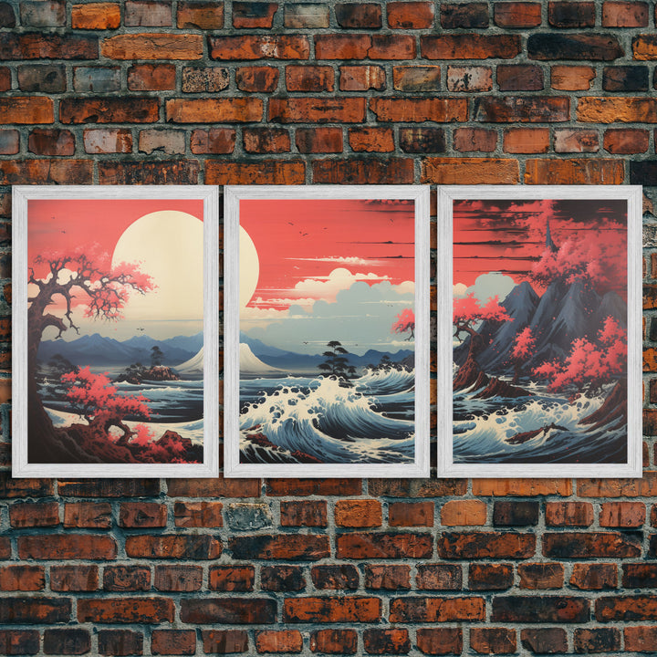 Japanese Ukiyo-e Mountains Sunset Set of 3 Prints, Japanese Ink Block, Ukiyo-e Wall Art, Living Room Art, Above Bed Decor, 3 Panel Print Set