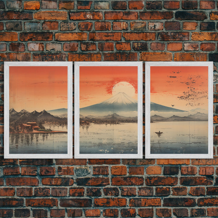 Lake Art Print, Volcano Wall Art, Asian Art, Japanese Wall Art, Canvas Print, Wall Art, 3 Piece Wall Art, Bookshelf Decor, Laundry Room Art