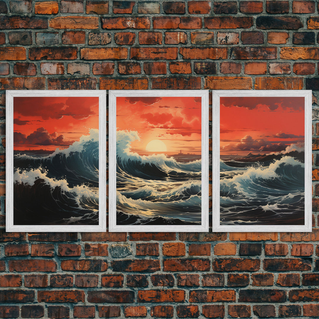 Asian Art, Japanese Wall Art, Ocean Waves, Sunset Art, Canvas Print, Wall Art, 3 Piece Wall Art, Trendy Wall Art, Modern Art Prints