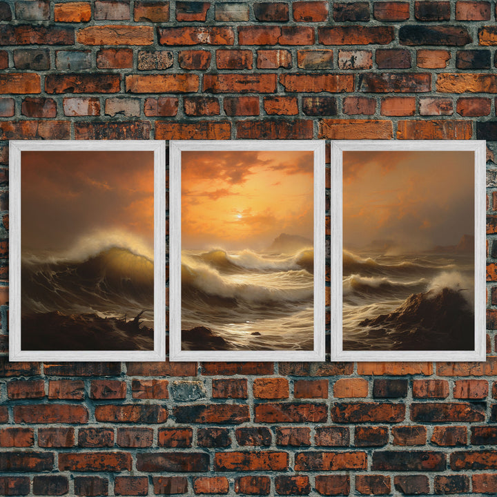 Beneath The Roaring Sea, Seascape Painting, 3 Piece Set, Framed Canvas Print, Cool Wall Art, Office Decor, Above Sofa Art