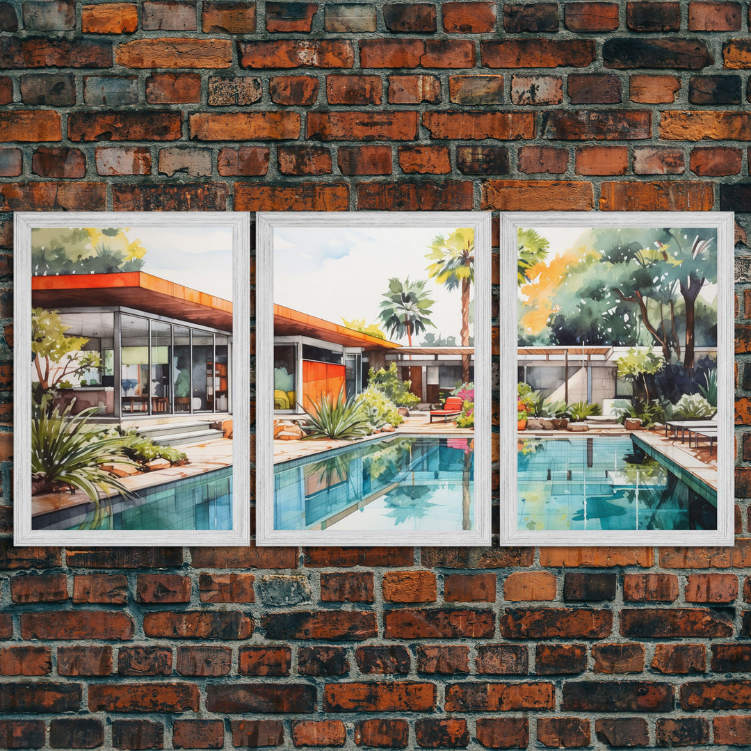 Mid-century House Art, Architecture Print, Canvas Print, Wall Art, 3 Piece Wall Art, Real Estate Gift, Unique Wall Decor, Office Wall Art